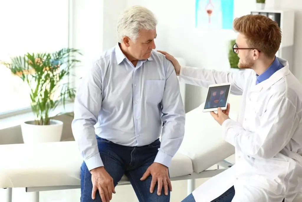 GP consulting an older man during an appointment
